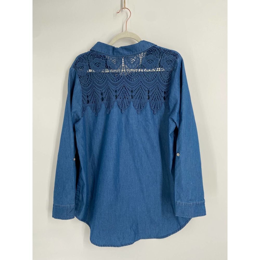cj banks Blue Chambray Embroidered Details Lace Up Long Sleeve Top‎ X - Picture 6 of 6